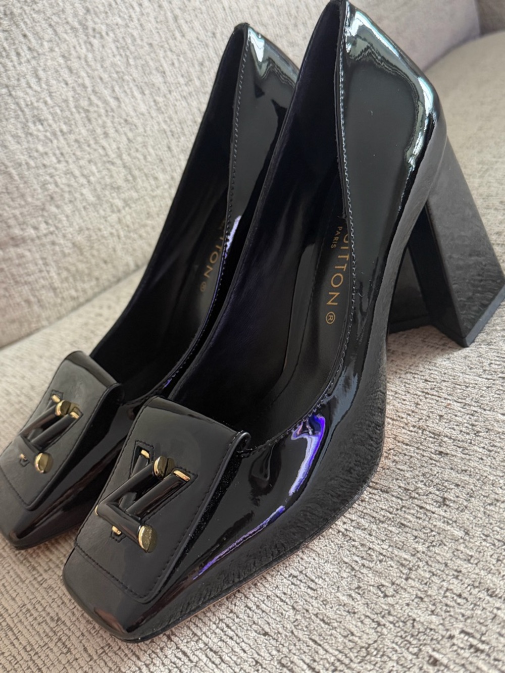Louis Vuitton Black Patent Leather Block Heel Pumps
